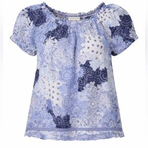Frye & Co Blue Floral Peasant Top Lace Trim Boho Blouse Size L